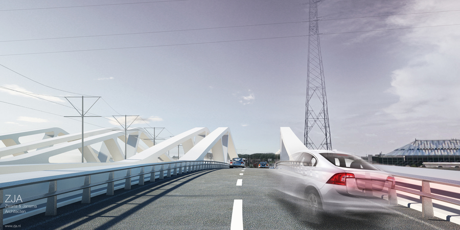 Toekomstbeeld van de nieuwe Theunisbrug gezien vanuit een auto die richting Sportpaleis rijdt.